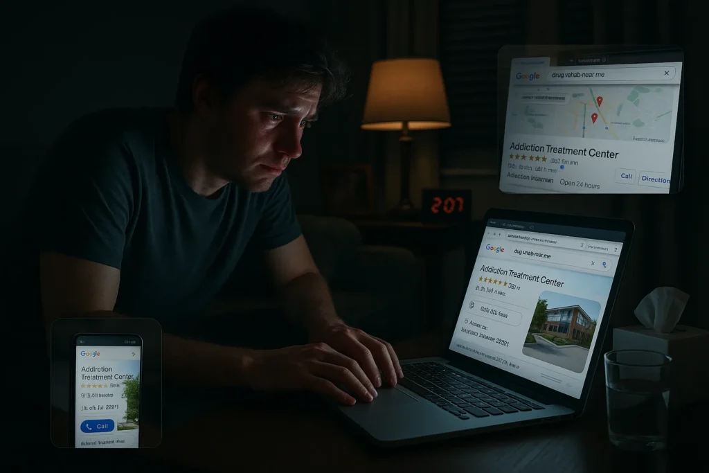 an anxious person searches drug rehab near me at 2 a m on a laptop
