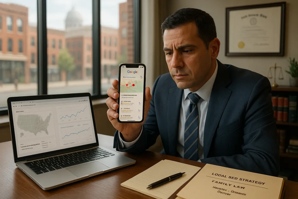 attorney in u s office reviewing google local search results for law firm visibility