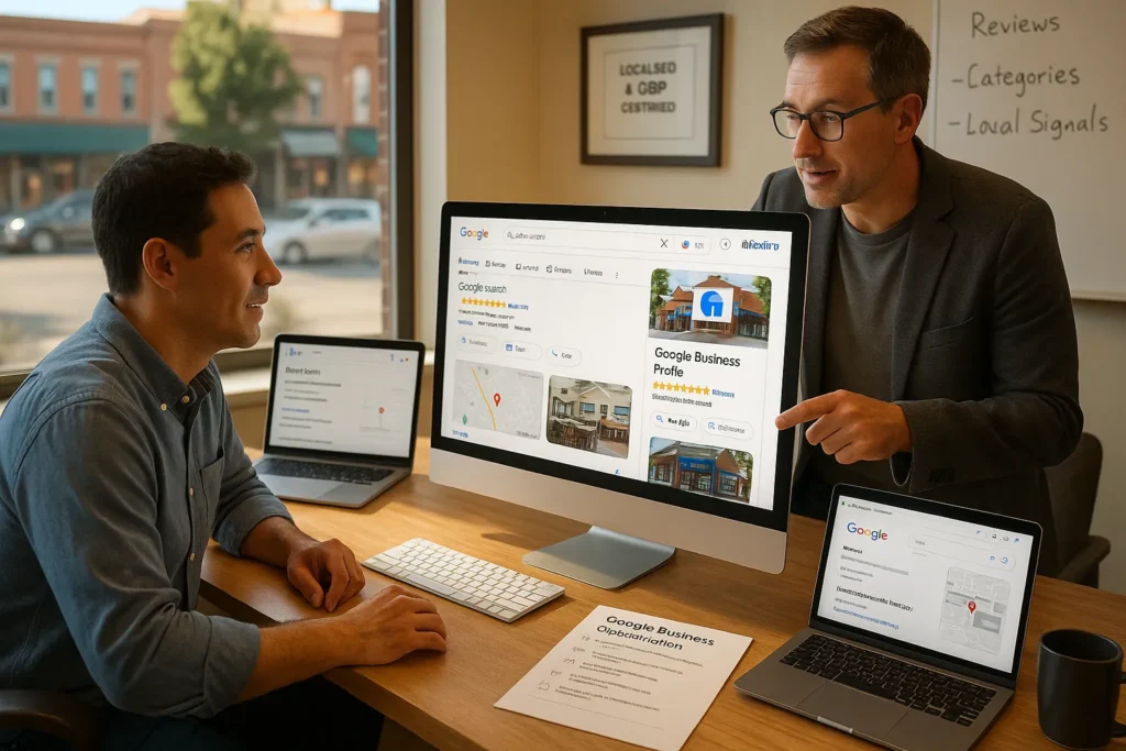 consultant showing a small business owner an optimized google business profile on screen