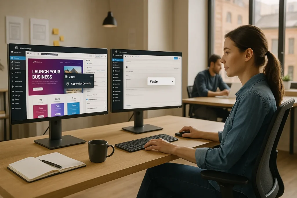 designer copying a wordpress page between two sites using doubly on dual monitors