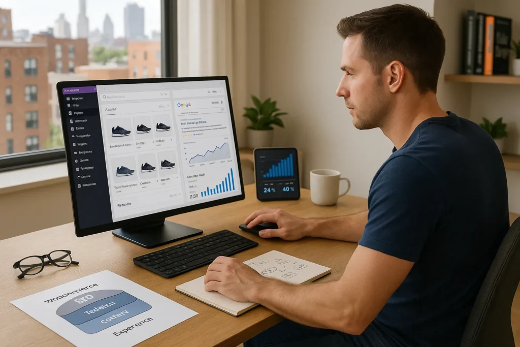 ecommerce owner reviewing woocommerce seo results and organic sales growth on laptop