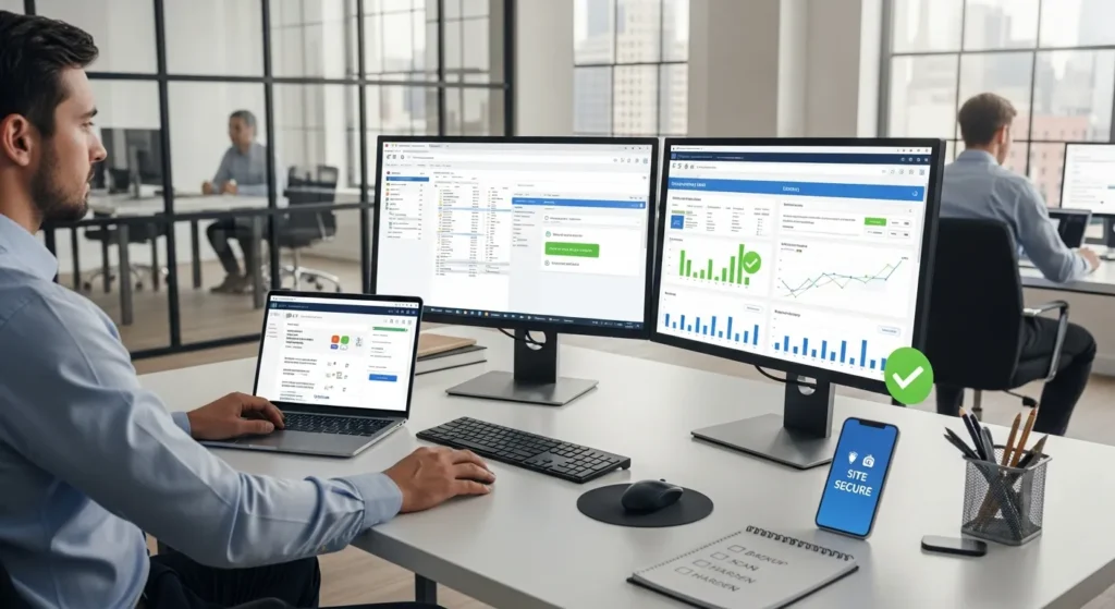 it professional cleaning wordpress malware on dual monitors in a modern office