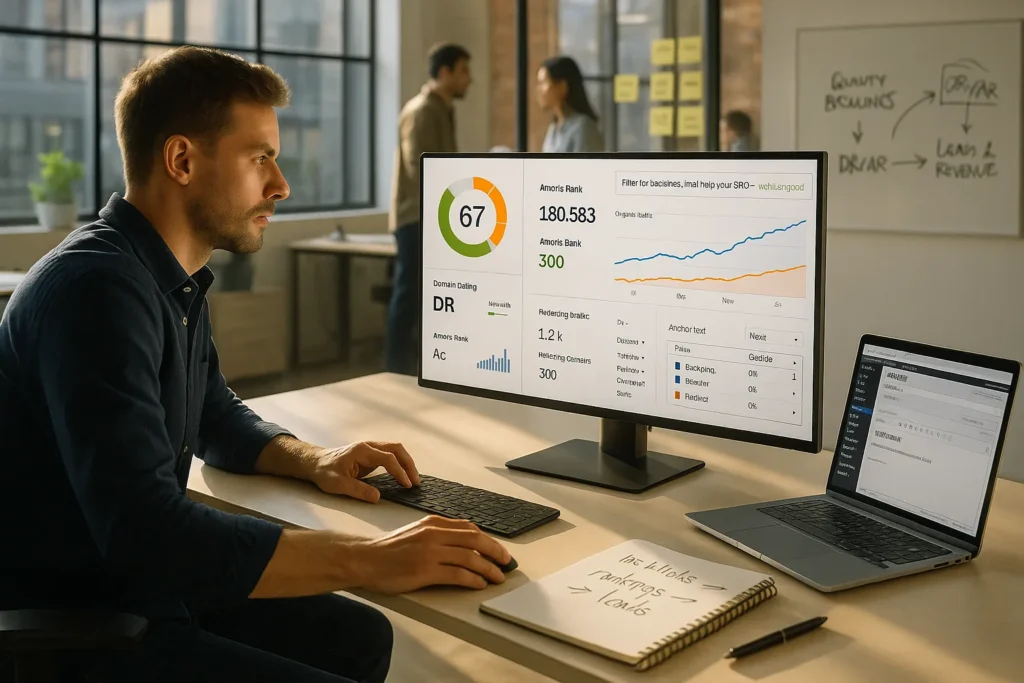 marketer analyzing ahrefs backlink metrics to improve a wordpress business site s seo