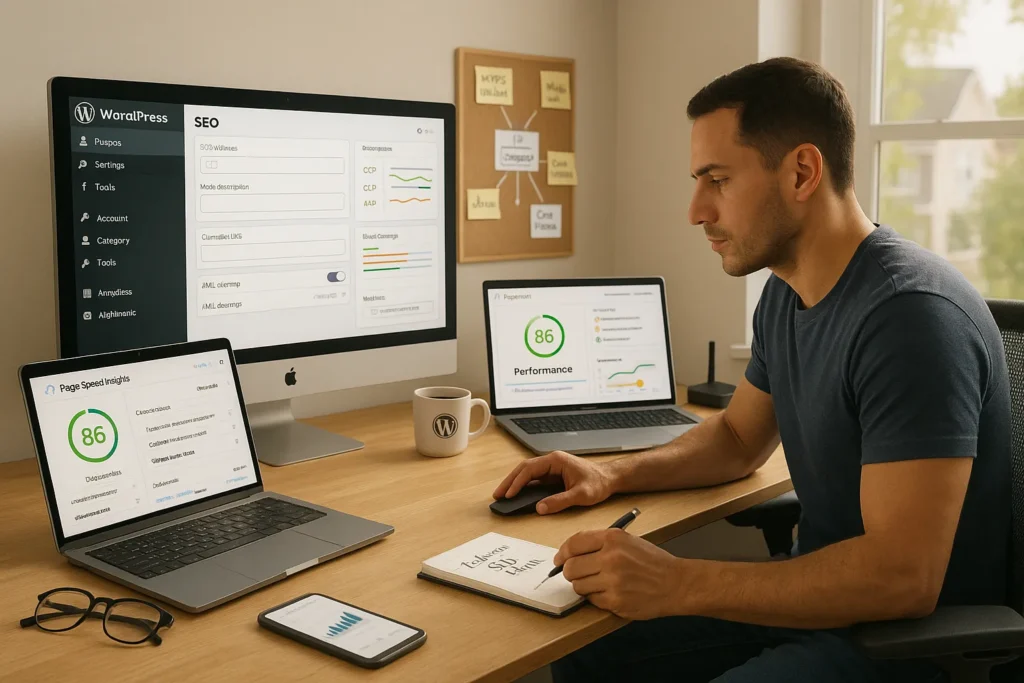 marketer optimizing wordpress technical seo with analytics and performance reports on screens