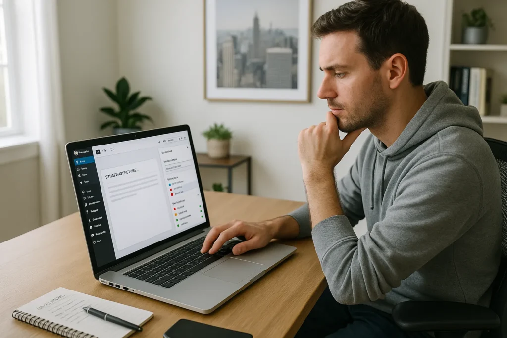 marketer using yoast seo checker in wordpress on a laptop at home office