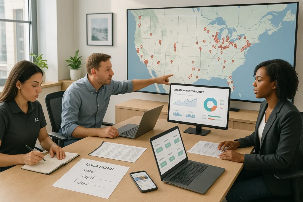 marketing team managing local seo performance for multiple u s franchise locations