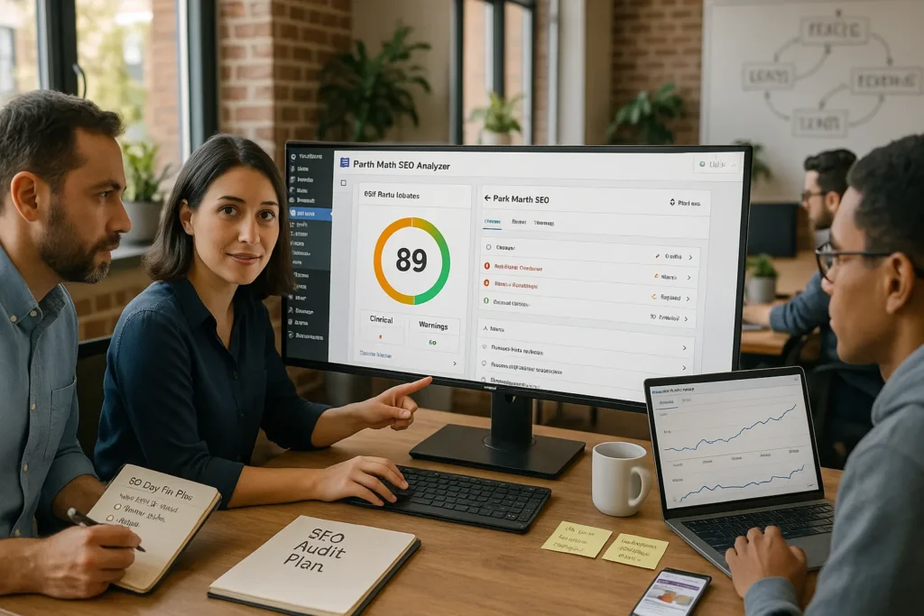 marketing team reviews rank math seo audit dashboard on a wordpress site in office