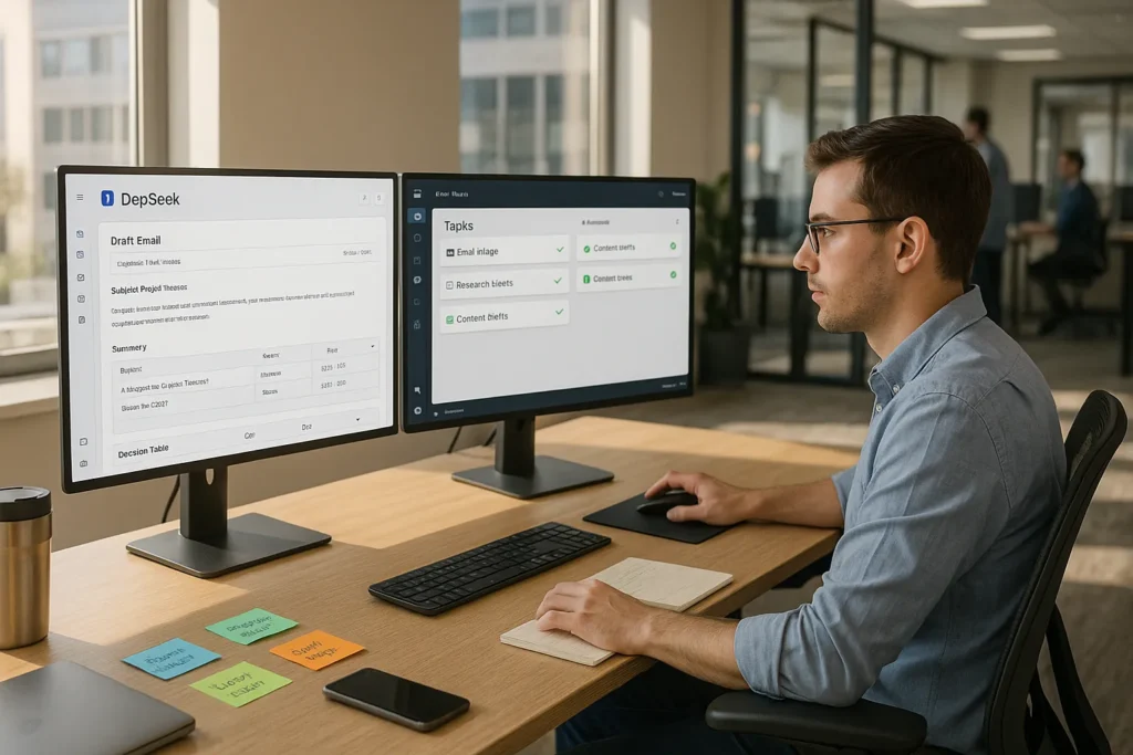 office worker using deepseek on dual monitors to automate emails and tasks