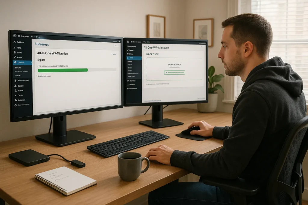 person migrating a wordpress site using the all in one wp migration plugin