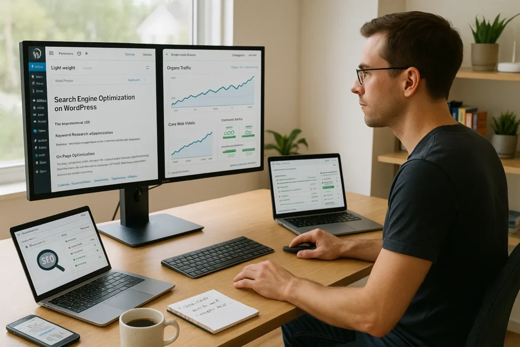 person optimizing a wordpress site s seo dashboard with analytics on a desktop monitor