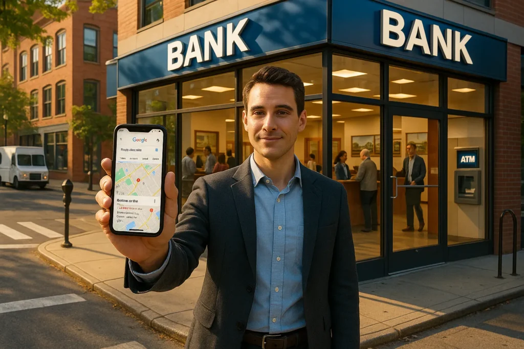 person using phone to find a nearby bank branch on a u s city street