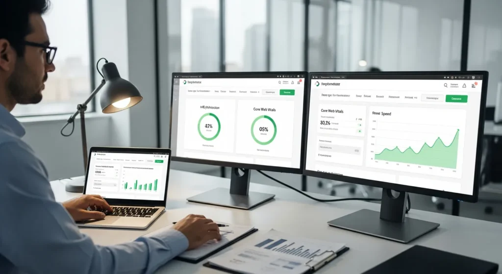 professional analyzing website image compression and performance metrics on a desktop computer