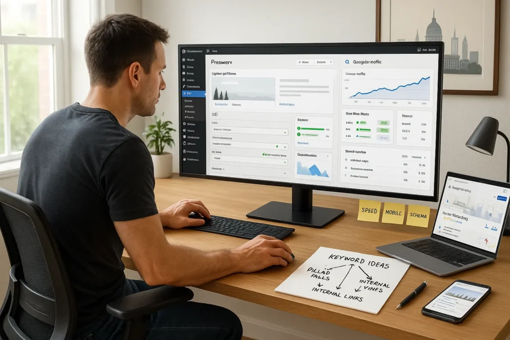 seo expert optimizing a wordpress site with analytics and search data on screen