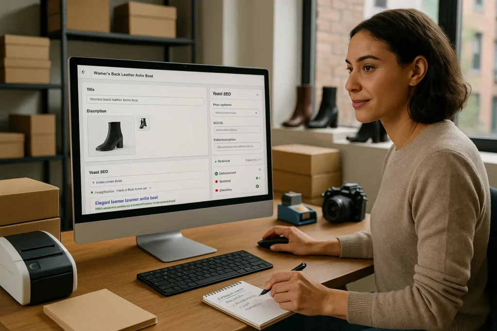 shopify store owner optimizing a product page using yoast seo on her computer
