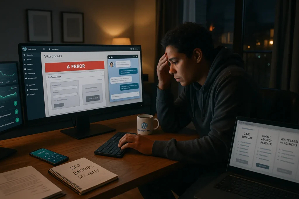 small business owner getting late night help from a wordpress support service team