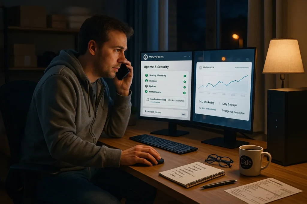 small business owner on a late night call with wordpress maintenance support dashboard