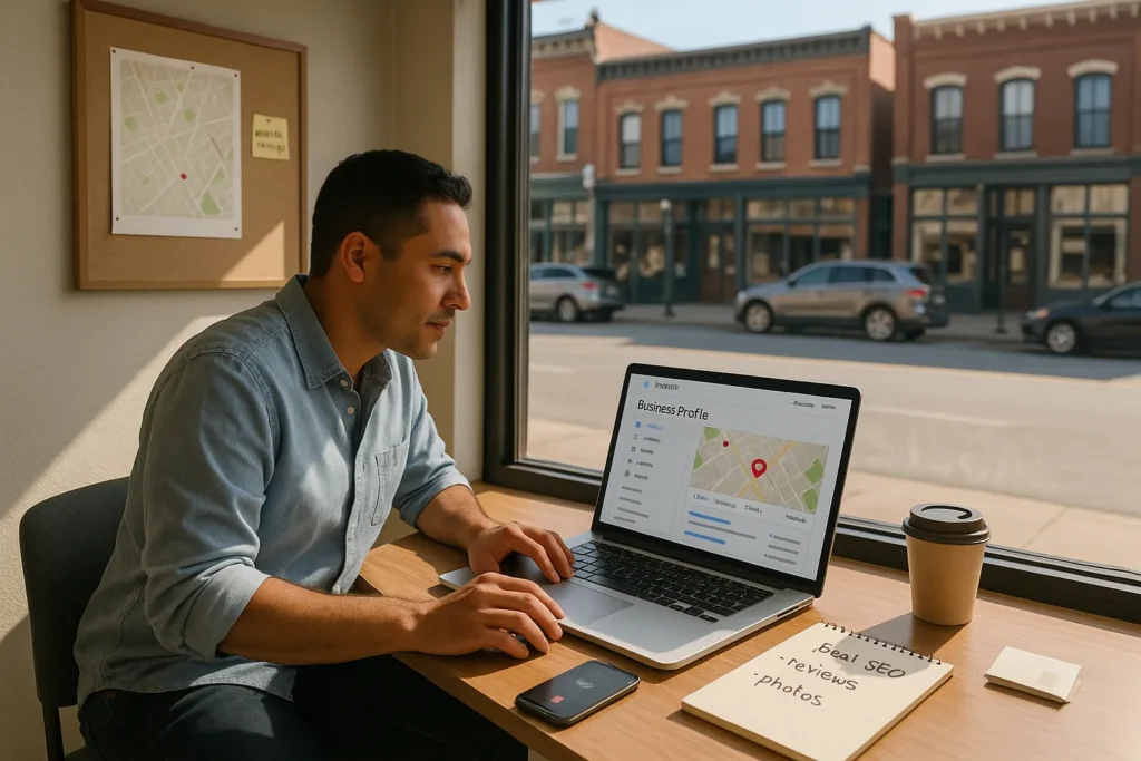 small business owner optimizing a local business profile on a laptop in a storefront