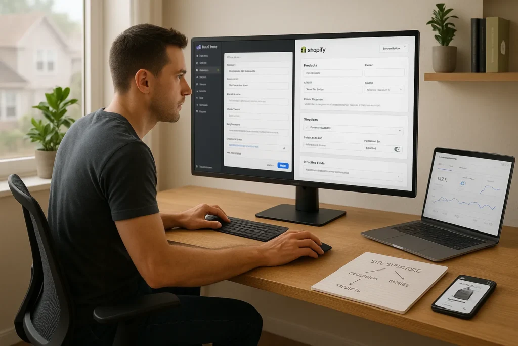 store owner comparing rank math on wordpress with seo settings in shopify dashboard
