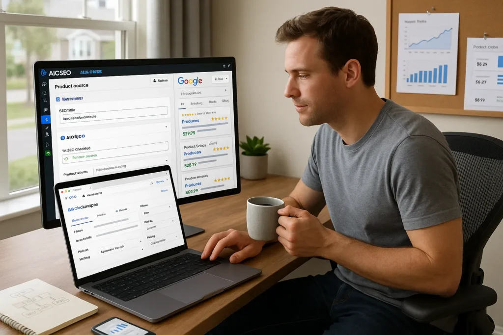 store owner using all in one seo on a woocommerce product to boost google visibility