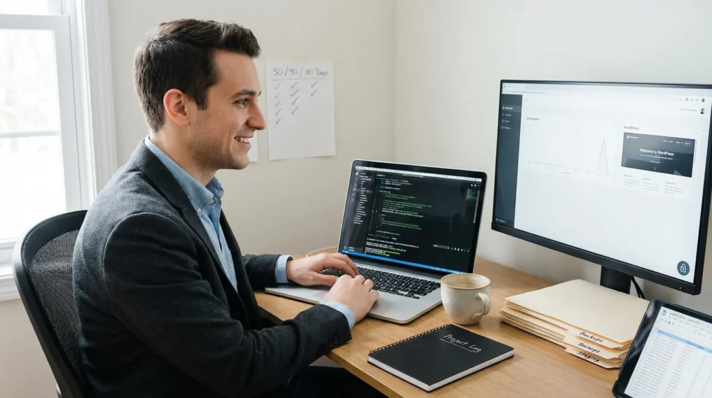 27 year old professional learning to code at a modern home office desk