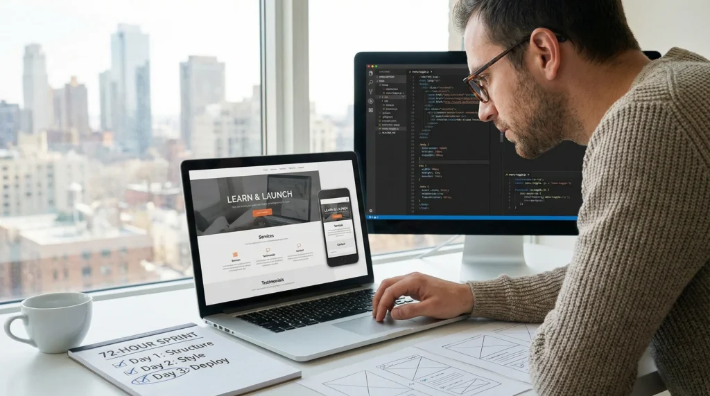 business owner building a one page website on a laptop in a modern office