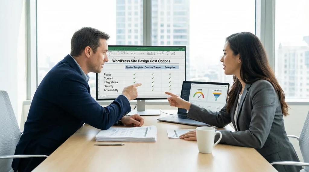 consultant and business owner comparing wordpress website design quotes on a laptop