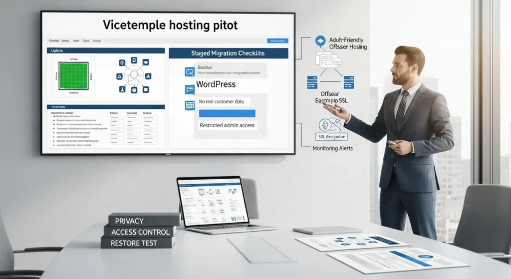 consultant presenting vicetemple hosting pilot checklist and uptime dashboard in modern office