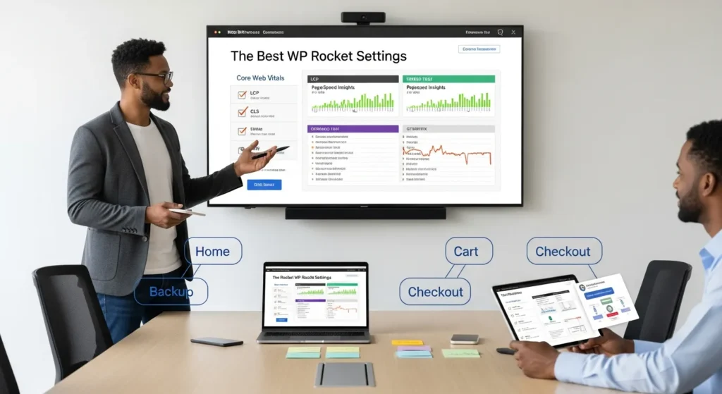 consultant presenting wp rocket settings and core web vitals in a modern office