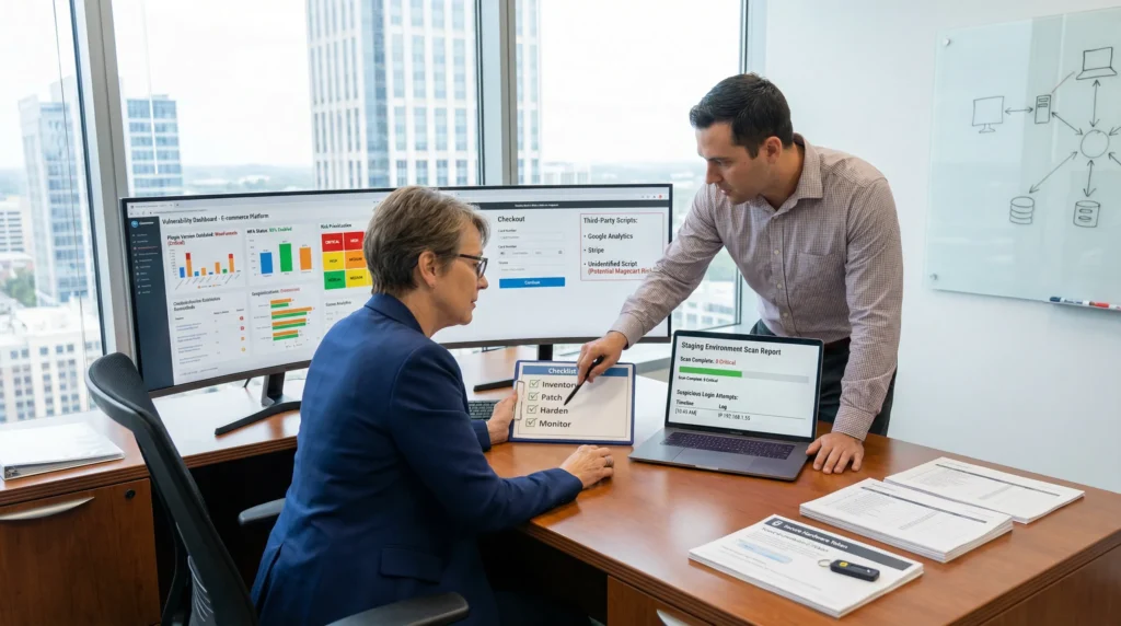 cybersecurity team reviewing website vulnerability audit dashboard and mfa checklist in office