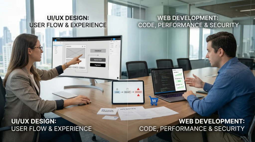 designer and developer compare ux wireframes and code performance in a modern office
