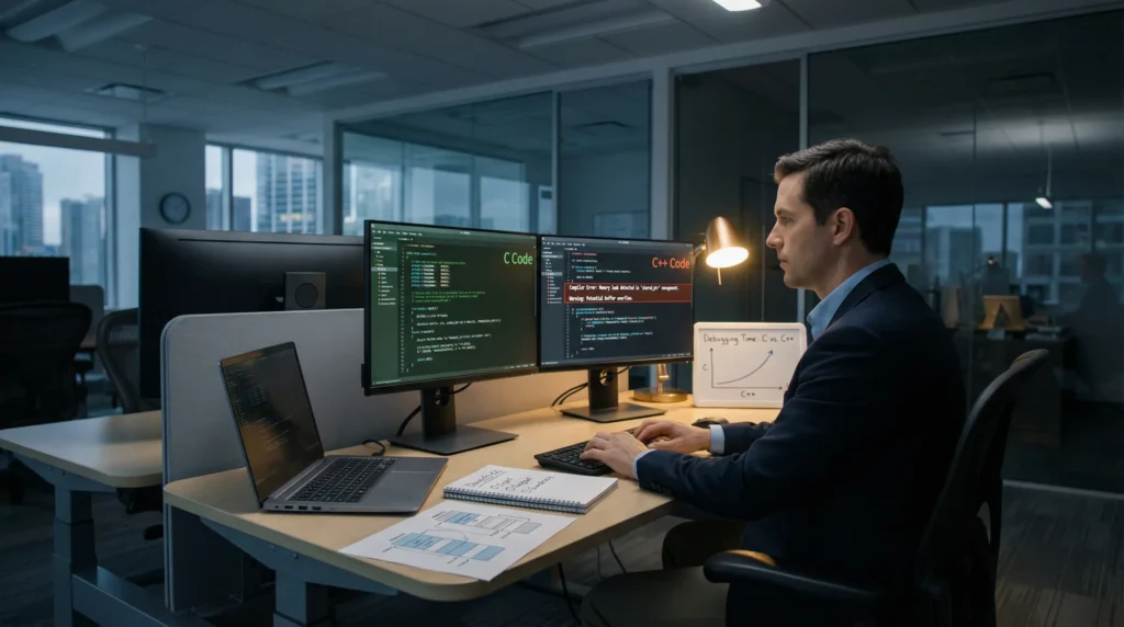 developer comparing c and c code on monitors in a modern office