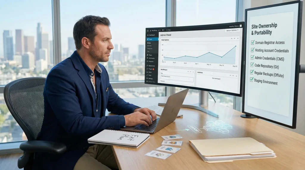 founder reviews wordpress dashboard with an exit plan checklist in a modern office