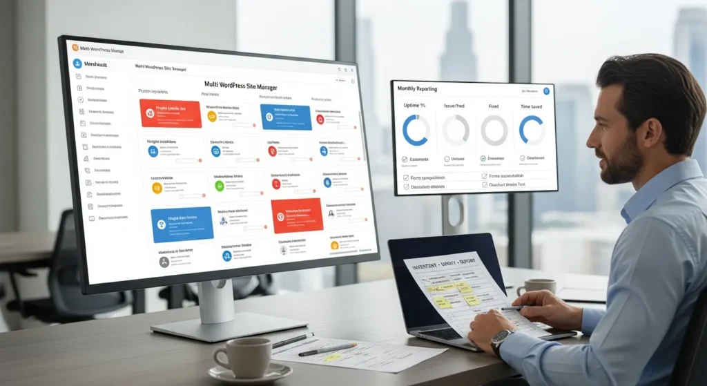 manager monitoring multiple wordpress sites with updates uptime and checkout checks