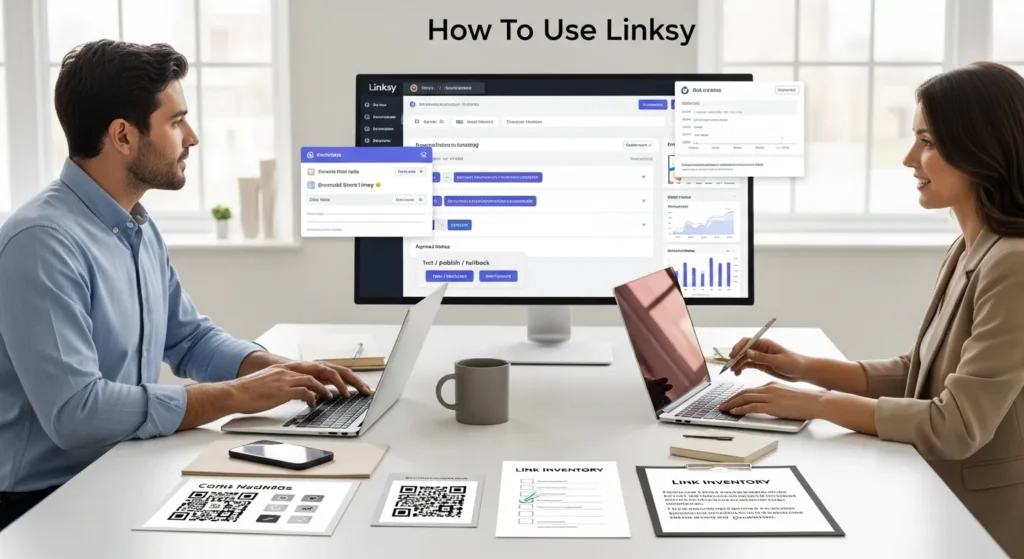 marketers review a link management dashboard with tracking and approval workflow