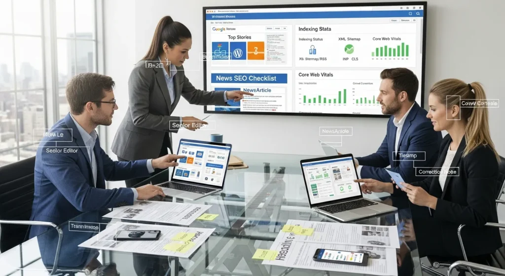 news team reviewing a news seo checklist and indexing dashboard in office