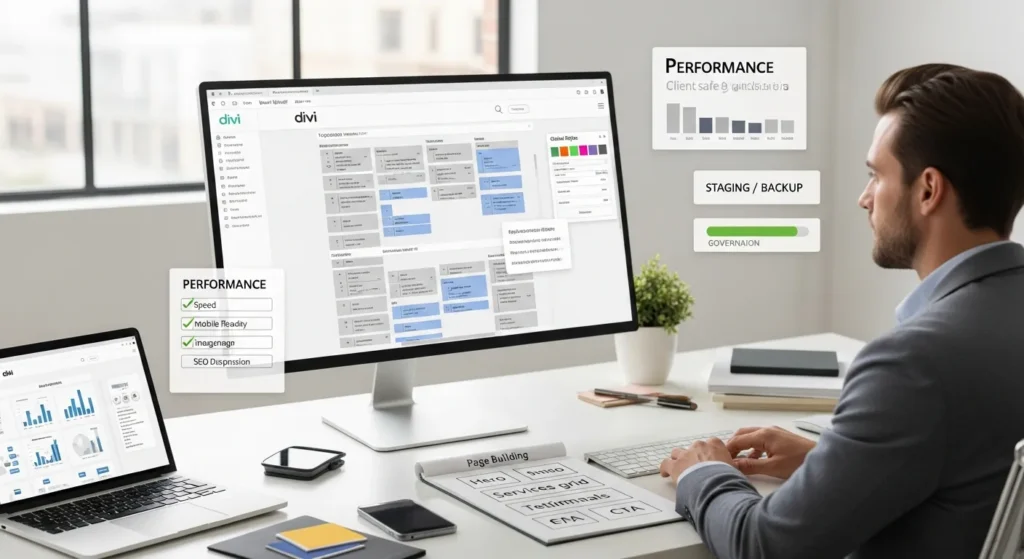 professional building a wordpress page with divi visual builder in a modern office