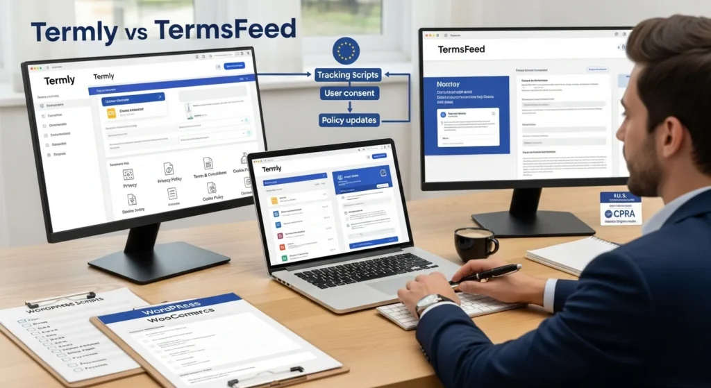 professional comparing termly vs termsfeed on laptop with cookie consent and policies