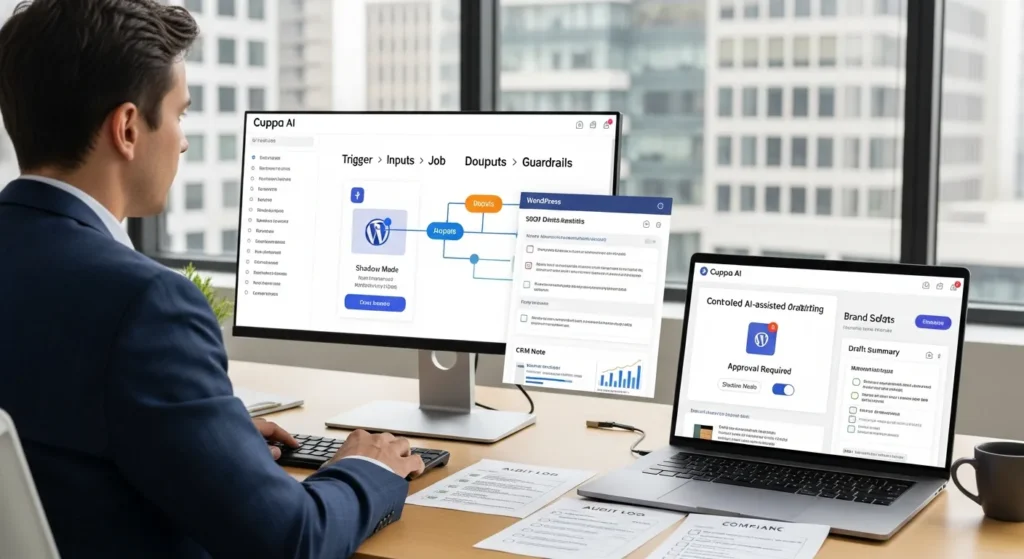 professional reviewing cuppa ai workflow on wordpress with approval gate in office