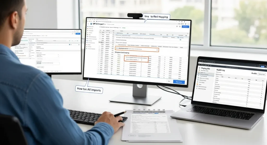 professional reviewing wp all import settings and csv data in a modern office