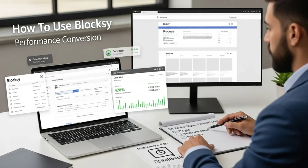 professional setting showing blocksy theme setup on wordpress with woocommerce preview