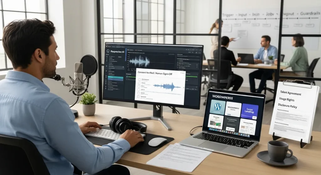 professional team reviewing respeecher ai voice cloning workflow with consent and sign off