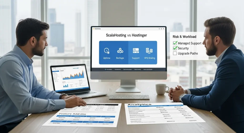 professionals comparing scalahosting vs hostinger hosting options on a monitor