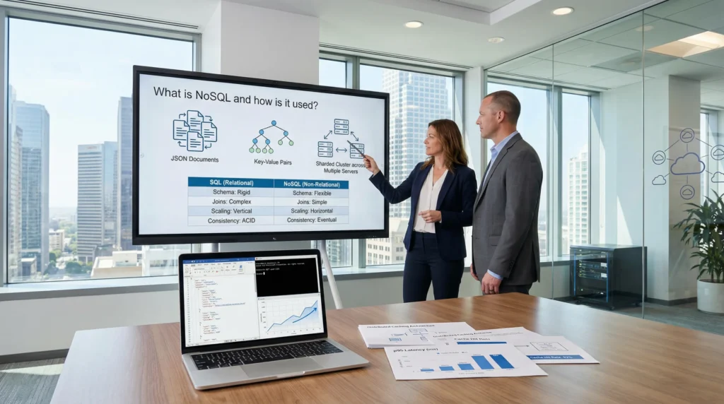 professionals reviewing a nosql dashboard comparing document key value and scaling concepts