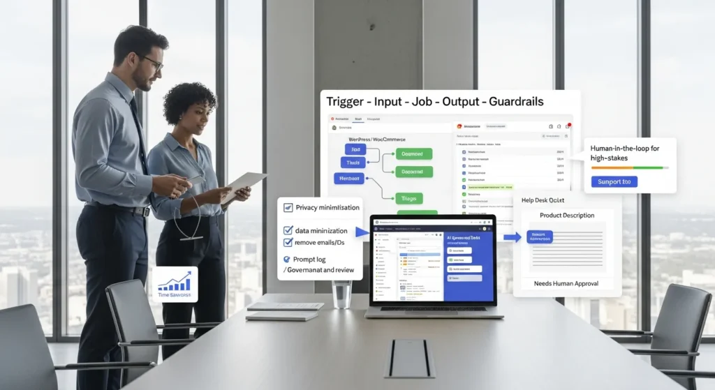 professionals reviewing ai workflow guardrails on laptop in modern u s office