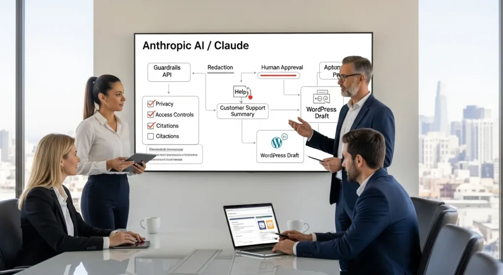 professionals reviewing anthropic ai guardrails and workflow diagram in a modern office