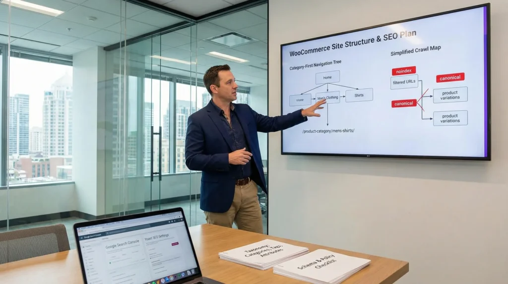 seo consultant presenting woocommerce site structure and product seo strategy in office