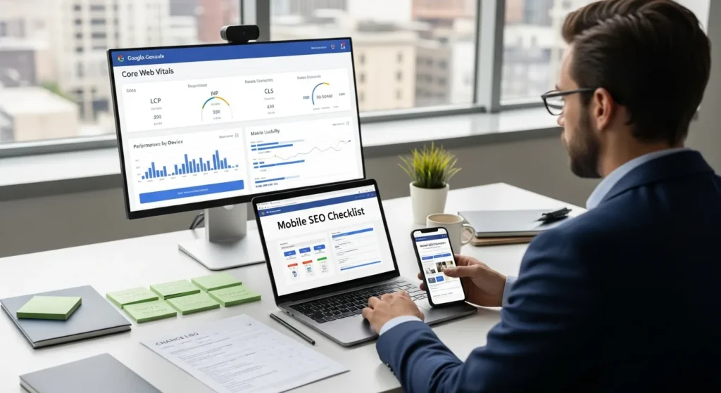 seo specialist checking mobile seo checklist with phone and performance dashboards