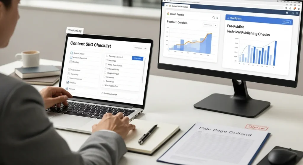 seo strategist reviewing a content seo checklist on laptop in modern office