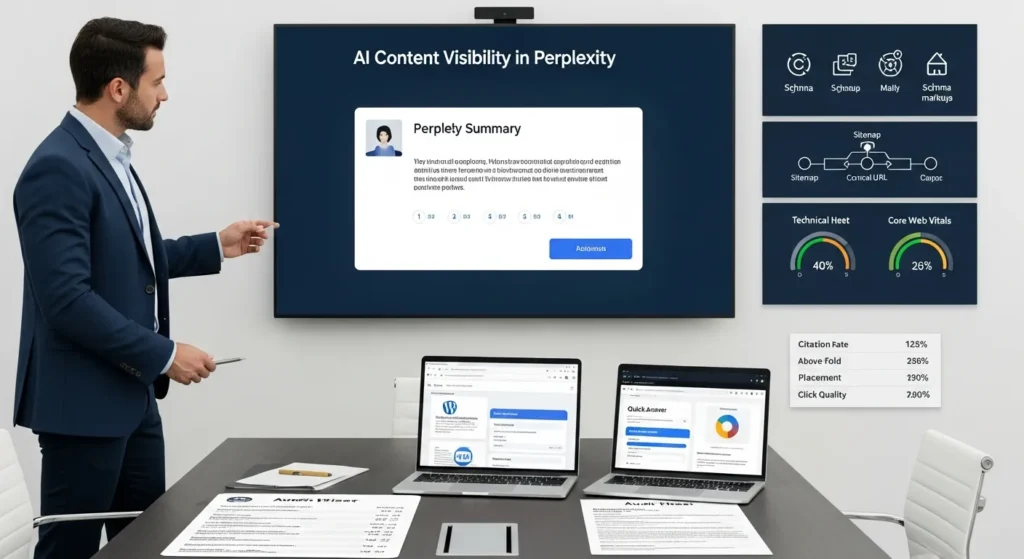 seo strategist reviewing perplexity citations and wordpress content visibility metrics in office
