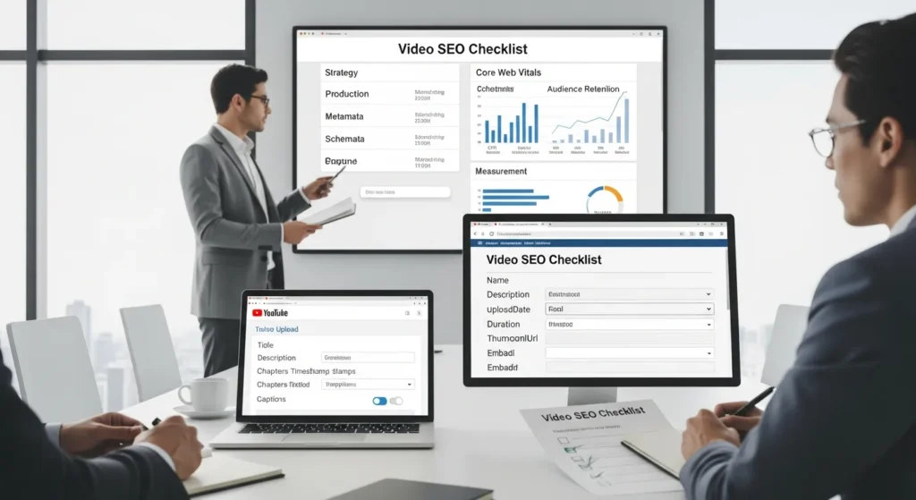 seo team reviewing a video seo checklist on screens in an office